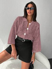 RueChic Tay áo chuông Xu hướng: Cắt giảm Dệt kim Áo len Mở - Bụi hồng - Xem 2