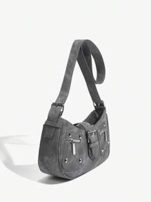 SHEIN ICON Street Style,Vintage Motorcycle Style Pu Leather Shoulder Bag With Armpit Design - Grey - View 3