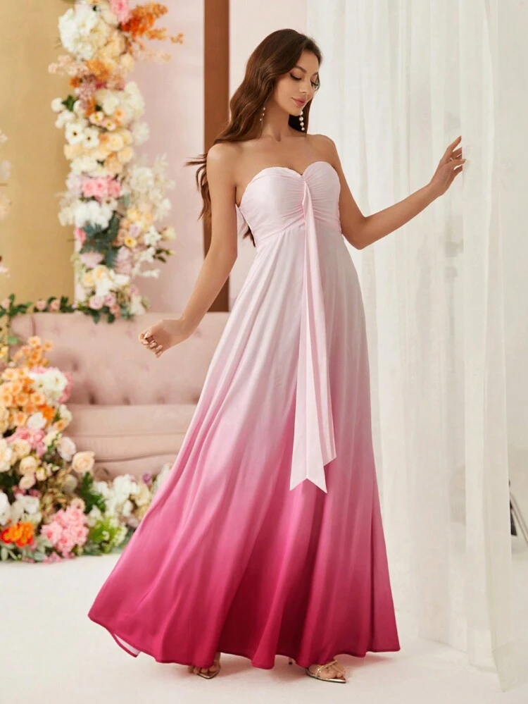 Strapless Ombre Graduation Bridesmaid Dress With Ruched Bust
