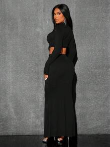 SHEIN SXY 女式褶皺魚尾立領長袖修身優雅套裝,搭配中裙 - 黑色 - 查看 2
