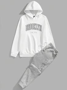 GENTILAND 男款加大碼字母印花連帽衫和運動褲針織休閒二件套裝 - 彩色 - 查看 1