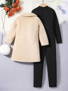 SHEIN Bé gái Lông cừu Áo khoác Teddy Với Giường đôi tiêu chuẩn Vòng cổ Và Giường đôi tiêu chuẩn Túi , Và Tay áo dài Đầm Bộ đồ - Màu be - Xem 2