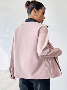 SHEIN Unity Của phụ nữ Tương phản Màu sắc Đứng cổ áo Dây kéo Áo khoác - Hồng - Xem 2