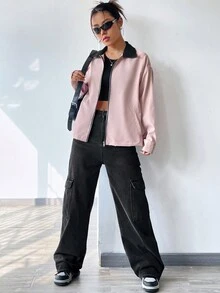 SHEIN Unity Của phụ nữ Tương phản Màu sắc Đứng cổ áo Dây kéo Áo khoác - Hồng - Xem 4