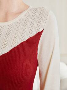 Modelyn Crew Neck Color Block Long Sleeve Sweater Dress (Without Waist Chain) Fall Cloth For Women - Red - View 6