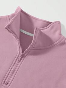 SHEIN EZwear Áo nỉ lót nhiệt có dây rút, khóa kéo nửa thân cỡ lớn - Màu Hồng baby - Xem 6