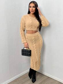 Zolique Conjunto De Suéter De Punto Retorcido De Hombro Caído De Color Sólido Para Mujer - Caqui - Ver 5