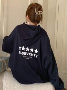 DAZY 女式字母五角星印花连帽卫衣，秋季服装 - 藏蓝色 - 查看 5