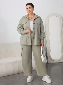 SHEIN Essnce 大尺寸女士純色襯衫和褲子套裝 - 綠色 - 查看 6