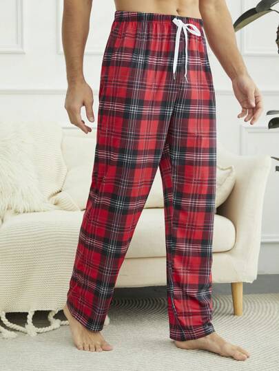 Men's Plaid Homewear Pants With Knot Front, For Fall, Christmas, Winter
