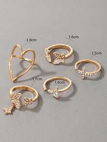 ROMWE 5入組簡單時尚合金鑲鑽蝴蝶吊墜,空心大心形和設計戒指為女性設計,適用於約會禮物 - 金色 - 查看 5