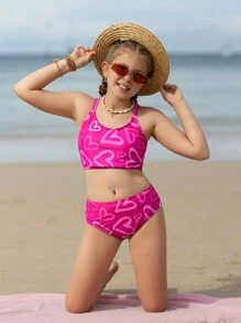 Tween Girl Bikini Set With Heart Print Design Summer Beach - Pink - View 1
