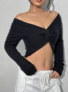 Flirla Ladies' Solid Color Short Twist Knit Sweater With Off Shoulder Cut Out