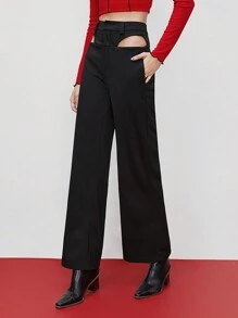 Maija Women's Solid Color High Waist Hollow Out Pants - Black - View 6