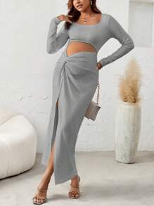 SHEIN Maternity Twist Knot Cut-Out Knit Dress - Light Grey - View 4