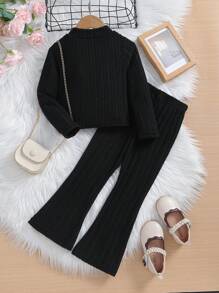 Elladie kids Young Girl Letter Patched High Neck Sweater And Flared Pants 2-Piece Set - Black - View 2