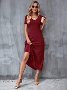 SHEIN Clasi Women's Solid Color Dress With Hidden Pockets Burgundy Dress Womencasual Long Dress - Burgundy - View 3