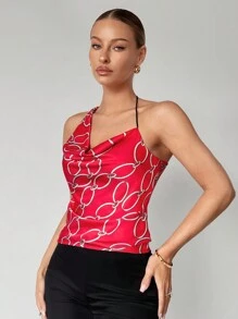 BizChic Ladies' Asymmetrical Shoulder Chain Print Sleeveless Halter Top - Multicolor - View 1