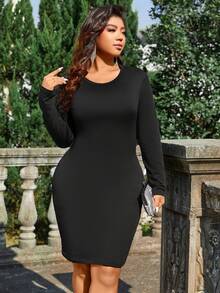 Celure Vestido De Talla Grande Con Corte Trasero Y Mangas Largas - Negro - Ver 7