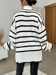 SHEIN 女士條紋高領落肩毛衣 - 黑與白 - 查看 2
