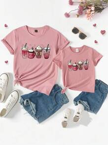 SHEIN 青少年女孩情人節愛心和咖啡圖案圓領短袖t恤 - 藕粉色 - 查看 3