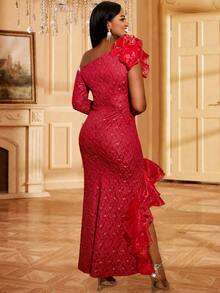 不对称下摆蕾丝派对礼服，带褶边和亮片装饰 - 酒紅色 - 查看 2