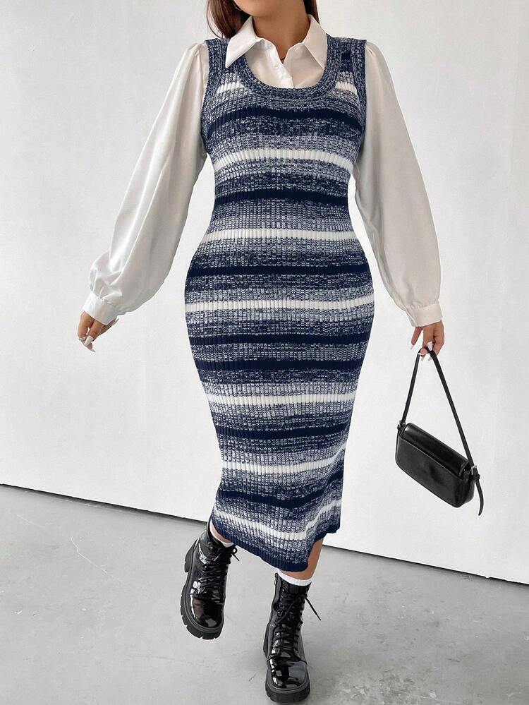 Women'S Plus Size Fashionable And Sexy Gradient Color Sleeveless Sweater Dress