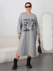 SHEIN Essnce 大碼圓領長袖連衣裙,印花圖案 - 灰色 - 查看 1