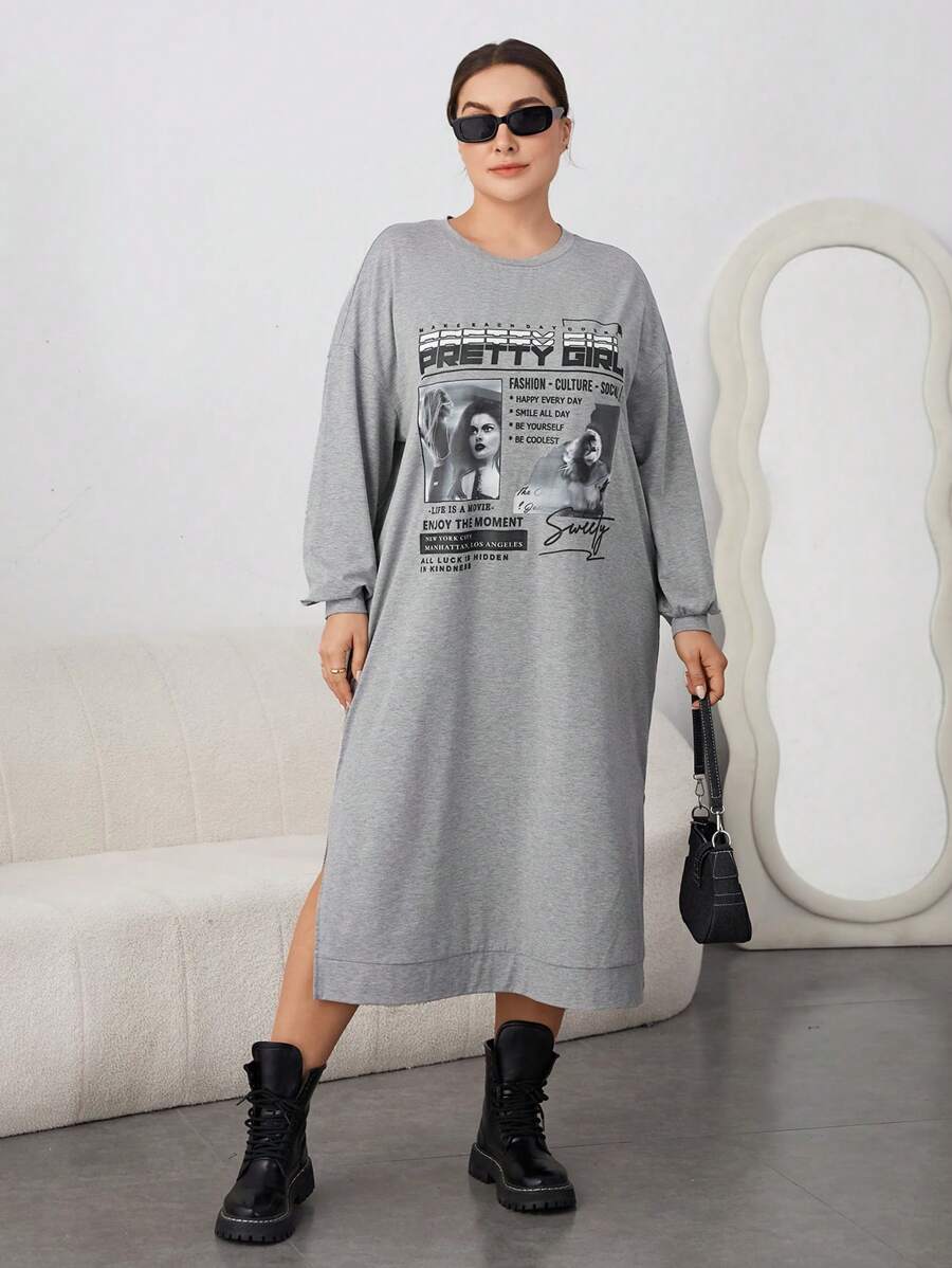 SHEIN Essnce 大碼圓領長袖連衣裙,印花圖案 - 灰色 - 查看 1