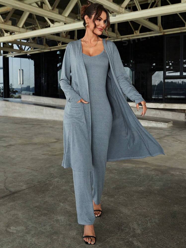 SHEIN Essnce Ensemble De Combinaison Et Veste Pour Femme De Couleur Unie
