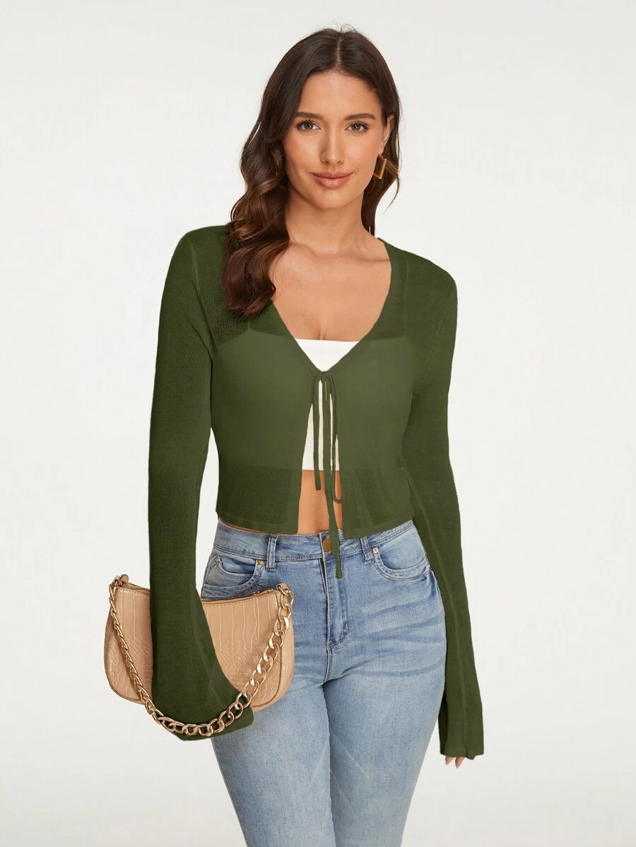 SHEIN Essnce 前繫帶短款開衫 - 綠色 - 查看 1