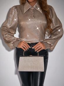 SHEIN Clasi Camisa De Manga De Farol Con Botones - Champán - Ver 4