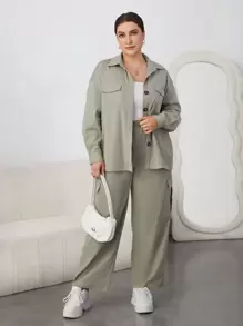 SHEIN Essnce 大尺寸女士純色襯衫和褲子套裝 - 綠色 - 查看 1