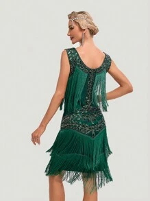 女士复古流苏亮片重型紧身连衣裙，适合鸡尾酒会、晚礼服、优雅舞会半正式婚礼宾客礼服，适合生日、毕业典礼、晚宴、返校节 - 綠色 - 查看 2