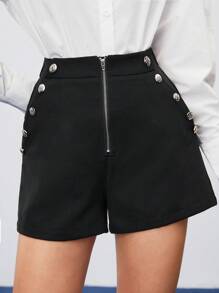 BizChic 女裝鈕扣細節拉鍊前短褲 - 黑色 - 查看 6