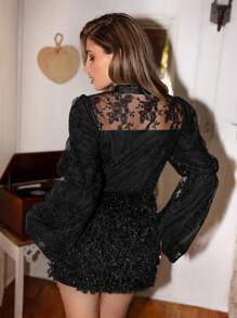 Anewsta Women'S Lace Patchwork Tie Neck Blouse - Black - View 2