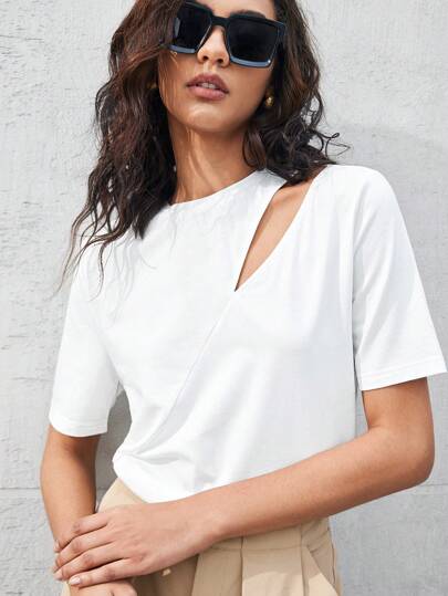 BizChic Crew Neck Hollow Detail Solid Color Short Sleeve Casual T-Shirt, Summer Holiday Style Cut Out Tops For Women Short T Shirt For Women Off White Tops For Women Spring Outfit Women White Tops,Summer Top
