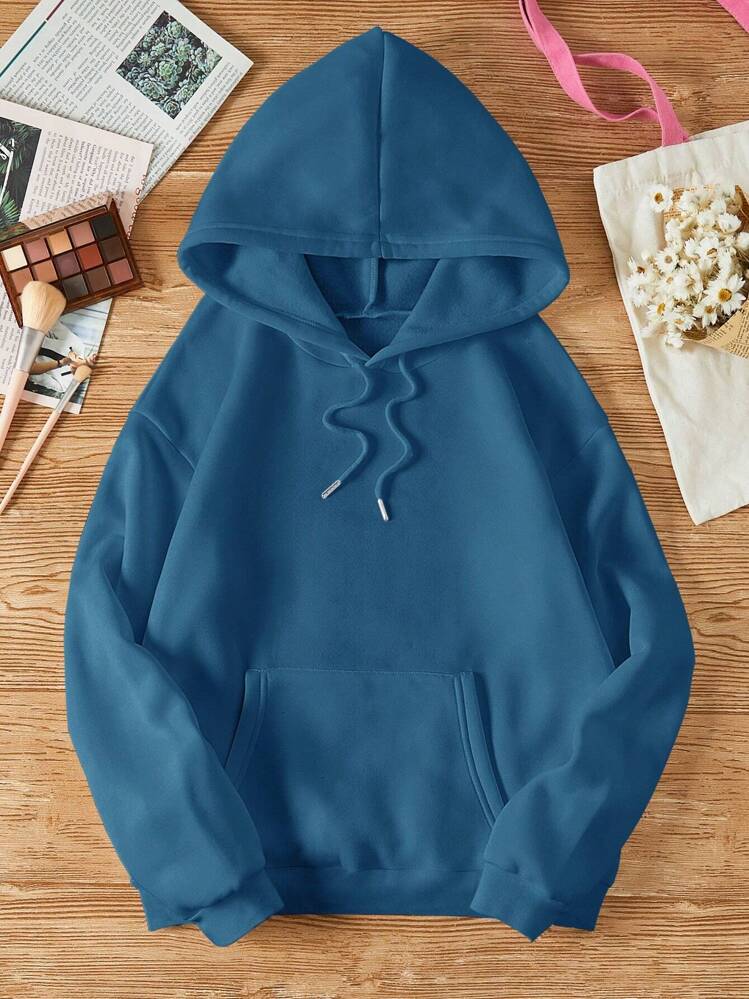 Felpa con cappuccio imbottita termicamente di colore unito con laccetti, maniche lunghe, adatta per laurea, ritorno a scuola, insegnanti, pullover autunnale - blu polveroso - Visualizzare 1