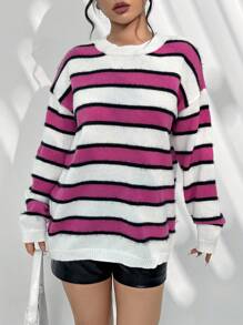 Flirla Women'S Color Block Striped Drop Shoulder Sweater