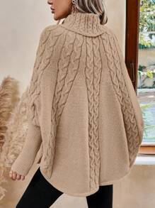 SHEIN LUNE Turtleneck Batwing Sleeve Cable Knit Poncho - Apricot - View 2