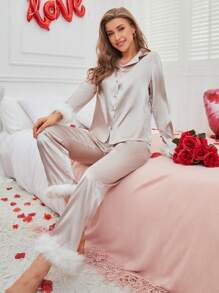 Fuzzy Detail Satin Pajama Set, Fall Clothes - Champagne - View 6