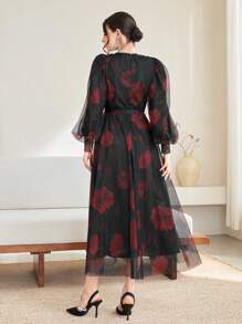 Modelyn Women's Rose Printed Mesh Modest Long Lantern Sleeve Dress With Belt Long Evening Dresses - Multicolor - View 2