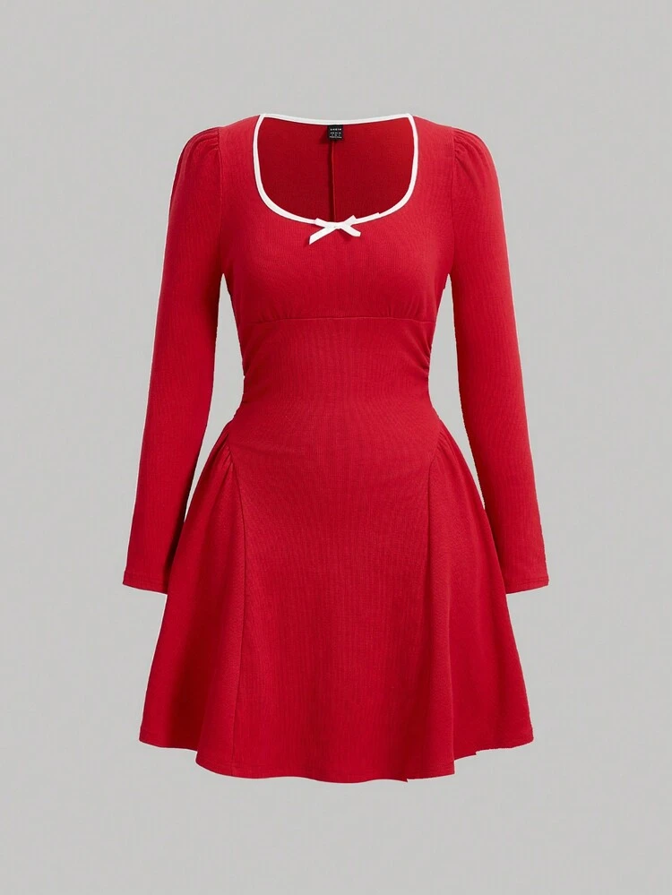 Women'S Contrast Lace Bow Decorated Dress