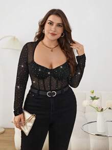 SHEIN Privé Plus Size Women Valentine's Rhinestone Studded Sweetheart Neck Bodysuit - Black - View 3