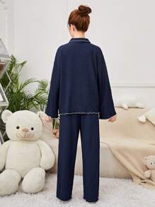 SHEIN Teen Girls' Knit Jacquard Collar, Patch Pocket Shirt And Pants Homewear Set - Navy Blue - View 2