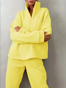INAWLY Half Zip Drop Shoulder Sweatshirt & Sweatpants - Yellow - View 5