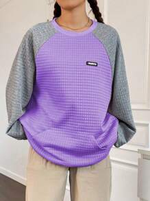 Flirla Color Block Patched Detail Raglan Sleeve Sweatshirt Pullover Fall Sweatshirt - Violet Purple - View 3