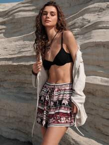 Bohemela Kỳ nghỉ Phong cách In toàn bộ Quần short Với Đường chéo Túi - Màu Đỏ Sâu - Xem 3