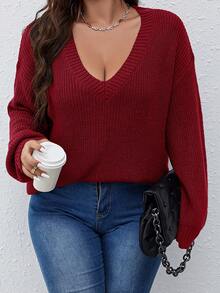 SHEIN LUNE Women'S Plus Size V-Neck Drop Shoulder Sweater - Red - View 5