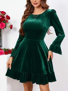 SHEIN Clasi 女性絲絨裙襬褶邊禮服 - 墨綠色 - 查看 6